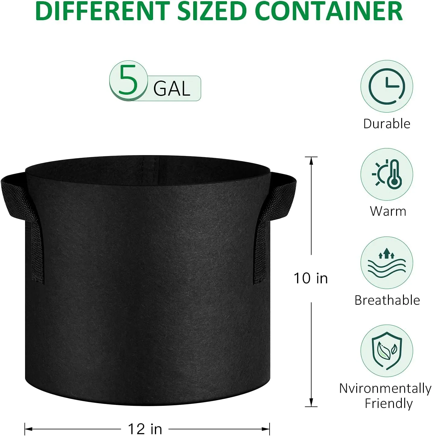 12-Pack 5 Gallon Thickened Non-Woven Grow Bags, Aeration Fabric Pots with Handles