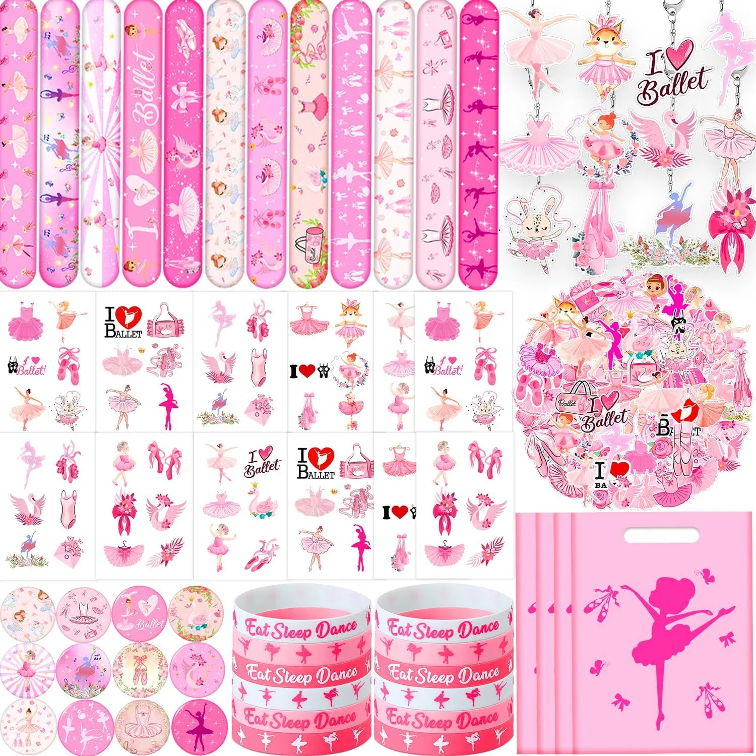 122 PCS Ballerina Party Favors Dancing Theme Birthday Supplies Decorations with Ballerina Goodie Bags, Ballerina Stickers, Ballerina Tattoos, Ballerina Slap Bracelets, Ballet Keychain and Button Pins