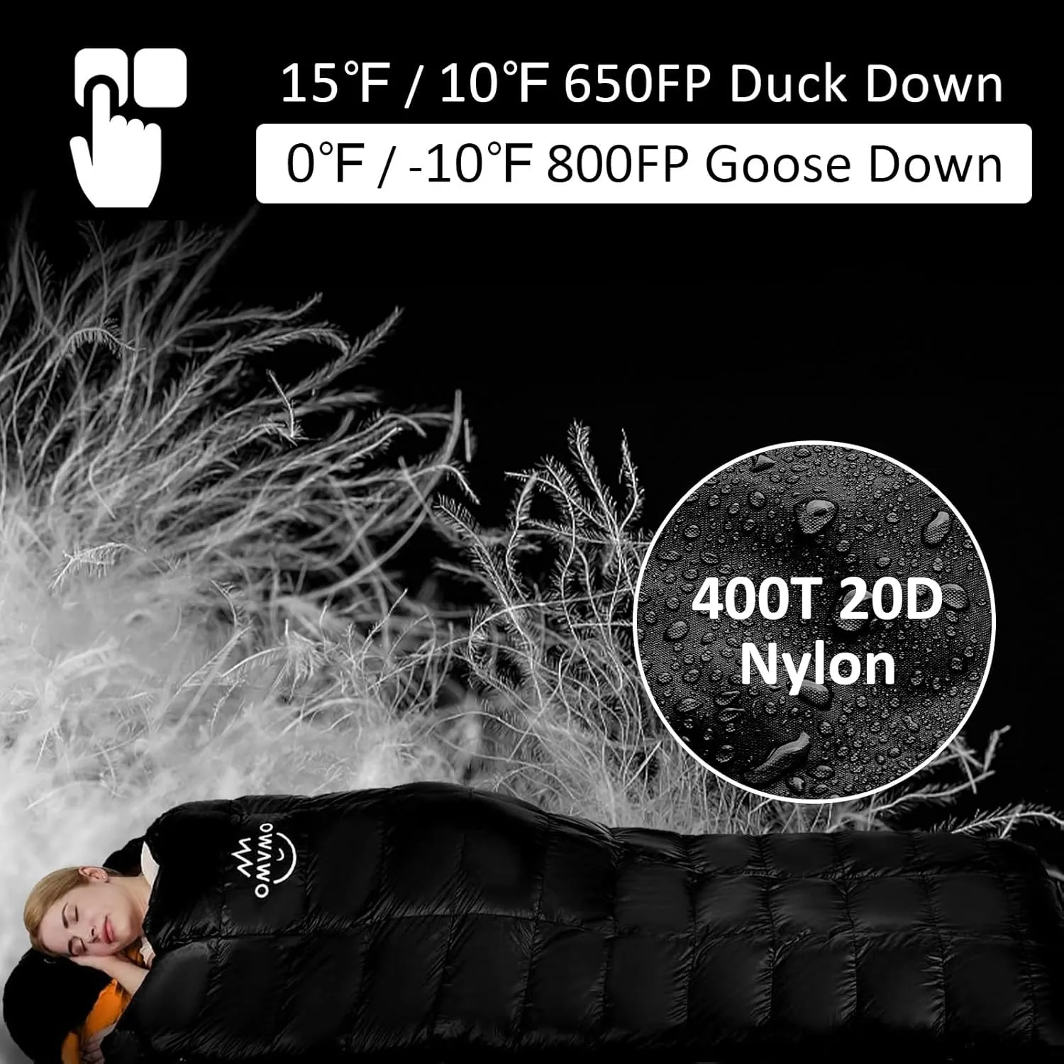 15°F 10°F Duck Down Sleeping Bag for Adults,650 Fill Power,Ultralight Wearable 4 Season Cold Weather Rectangle Sleeping Bag for Camping Hiking,Can be Used as a Down Blanket or Cloak