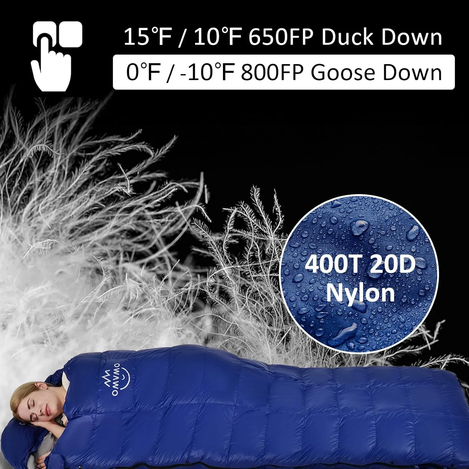 15°F 10°F Duck Down Sleeping Bag for Adults,650 Fill Power,Ultralight Wearable 4 Season Cold Weather Rectangle Sleeping Bag for Camping Hiking,Can be Used as a Down Blanket or Cloak