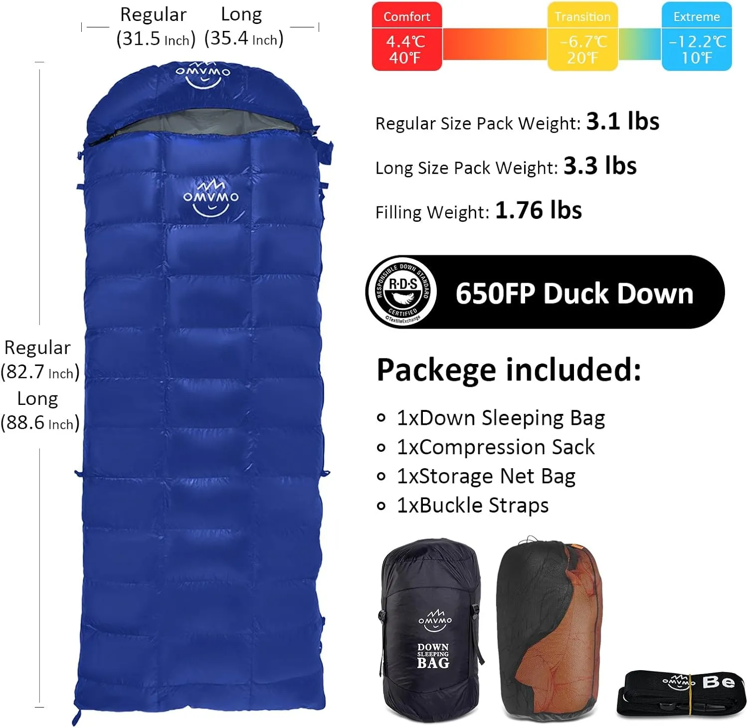 15°F 10°F Duck Down Sleeping Bag for Adults,650 Fill Power,Ultralight Wearable 4 Season Cold Weather Rectangle Sleeping Bag for Camping Hiking,Can be Used as a Down Blanket or Cloak