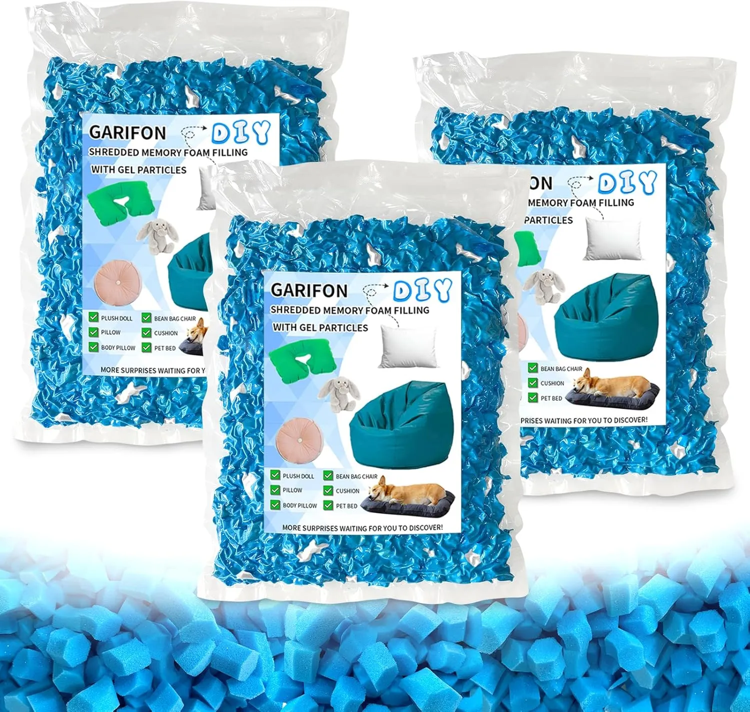 15lbs Bean Bag Filler, Pillow Filler Stuffing, Bean Bag Filling, Shredded Memory Foam Filling, Punching Bag Filler, Foam Refill for Pouf/Ottoman Stuffing/Boxing Bag,Added Gel Particles