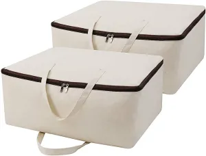 2-Pack Heavy Duty Canvas Cotton Storage Bags for King/Queen Duvets | Soft & Breathable | 3-Zip Opening, Dust Proof Blanket Organizer Bag | 23.6 * 8.7 * 17.7inches