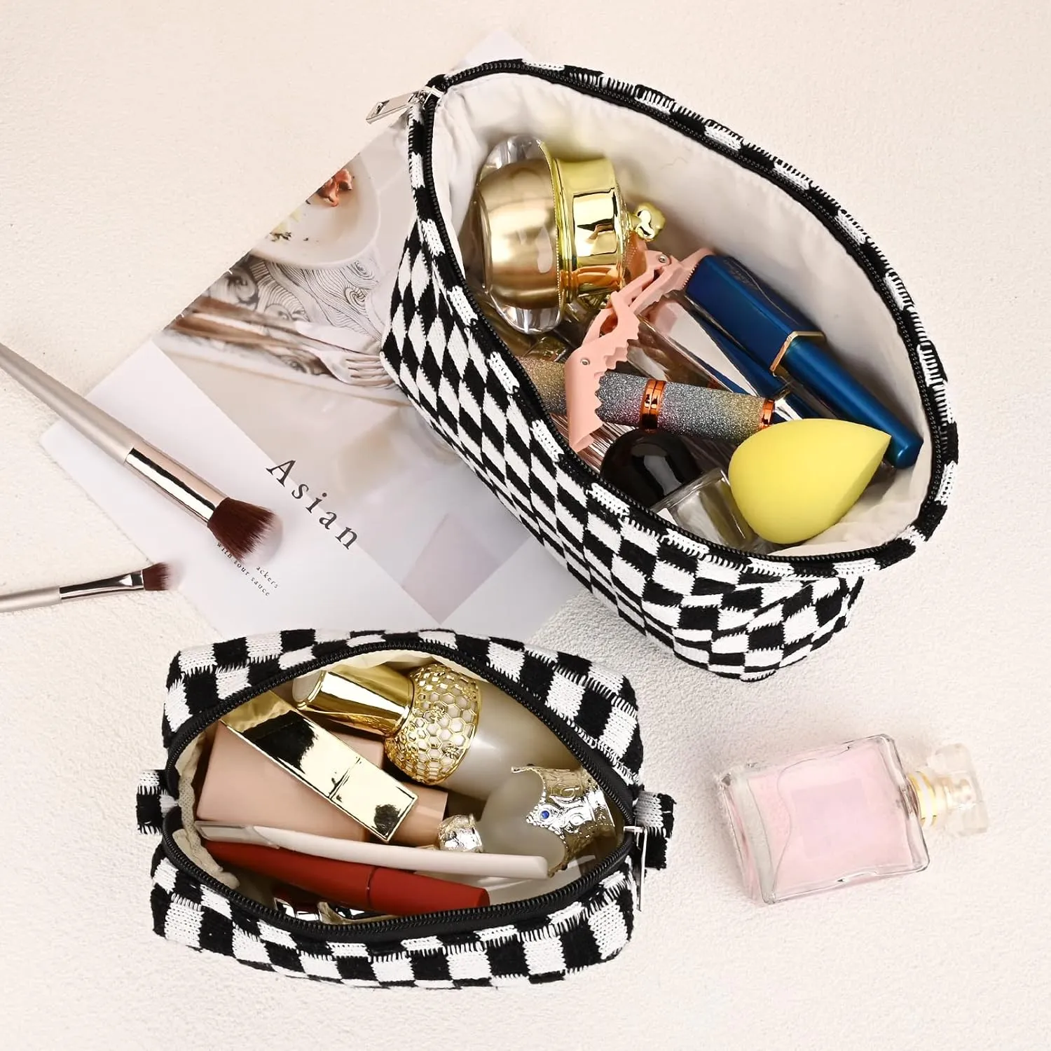2 Pieces Black Makeup Bag Large Checkered Cosmetic Bag Capacity Canvas Mix Travel Toiletry Bag Organizer Cute Makeup Brushes Aesthetic Accessories Storage Bag for Women, Checkered Mix Black