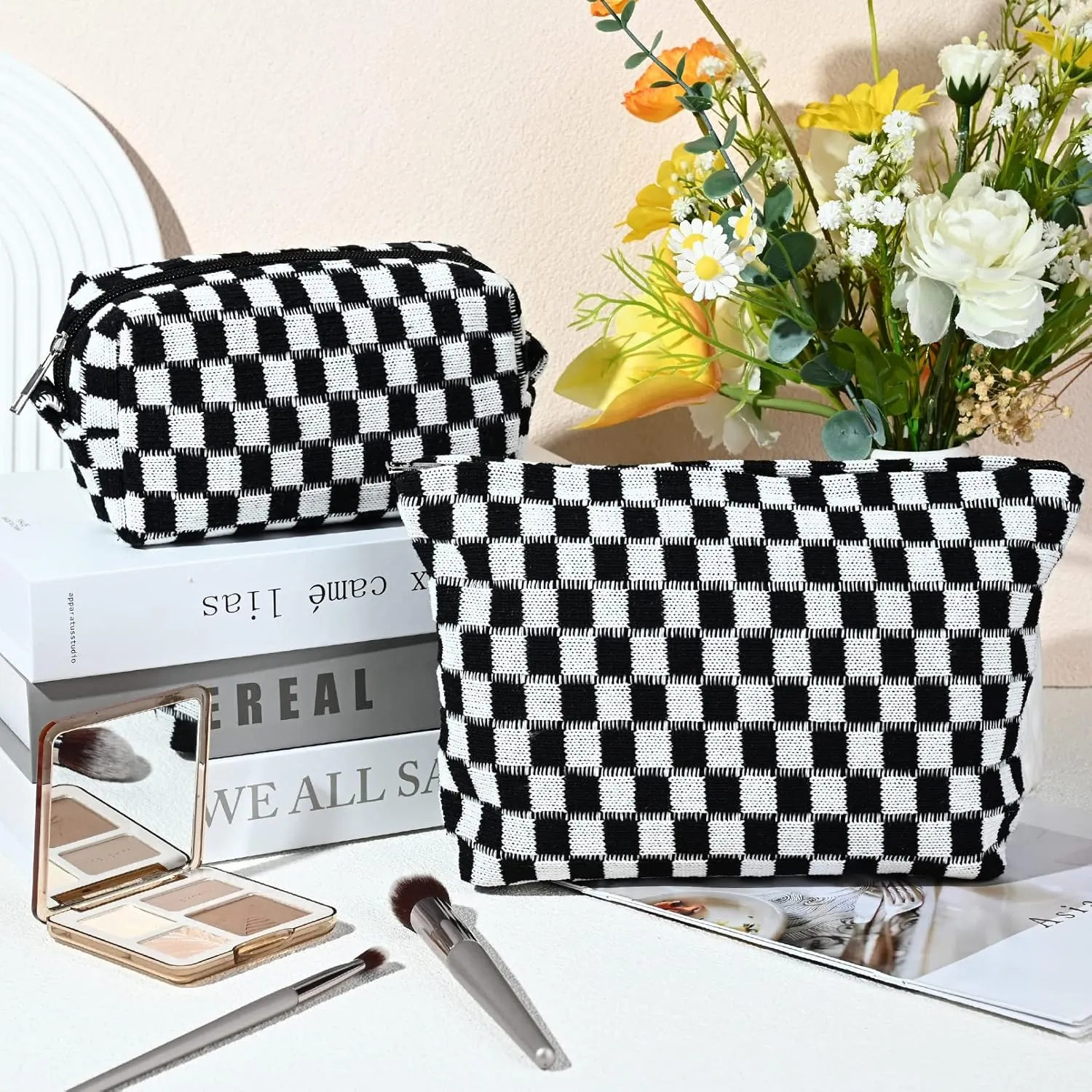 2 Pieces Black Makeup Bag Large Checkered Cosmetic Bag Capacity Canvas Mix Travel Toiletry Bag Organizer Cute Makeup Brushes Aesthetic Accessories Storage Bag for Women, Checkered Mix Black