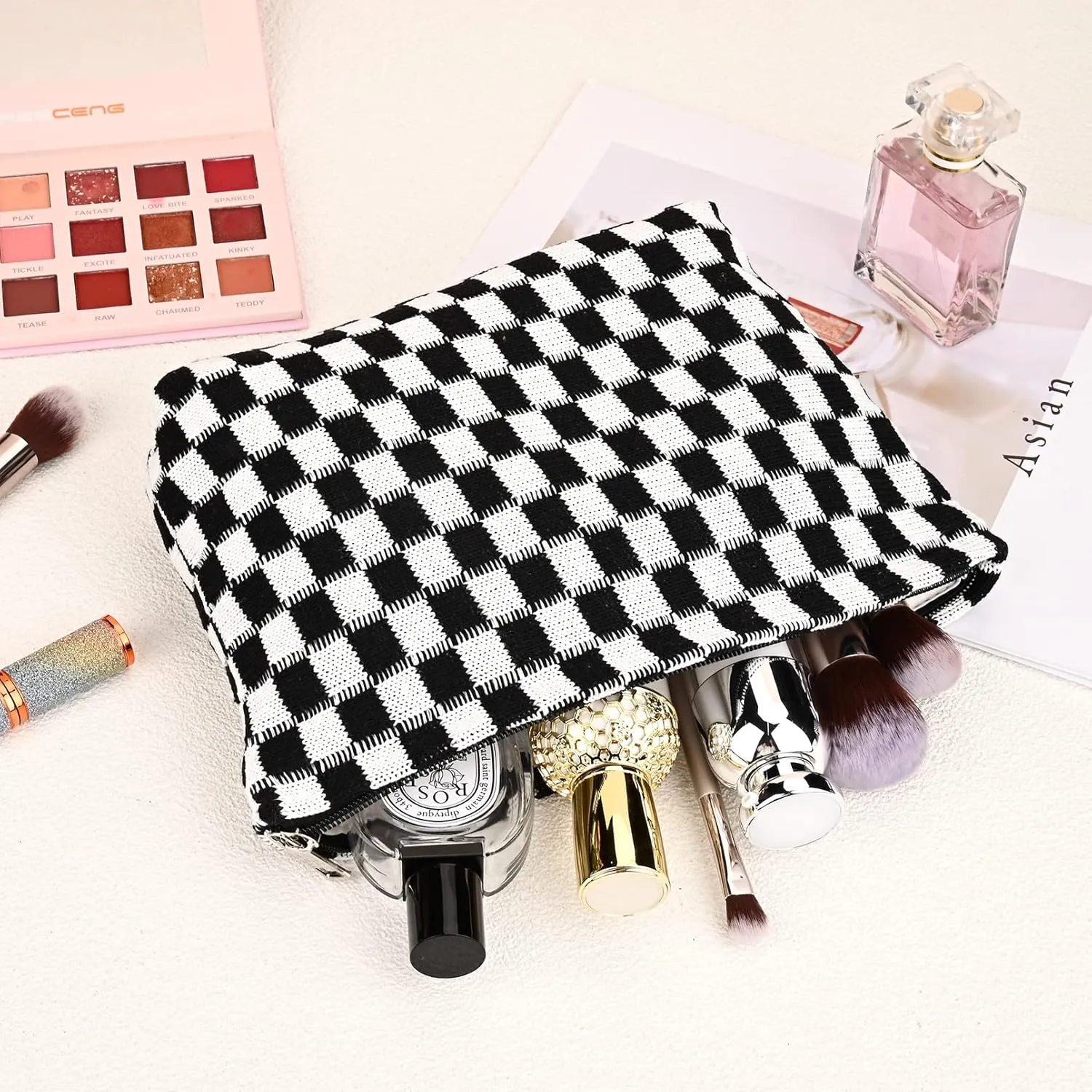 2 Pieces Black Makeup Bag Large Checkered Cosmetic Bag Capacity Canvas Mix Travel Toiletry Bag Organizer Cute Makeup Brushes Aesthetic Accessories Storage Bag for Women, Checkered Mix Black