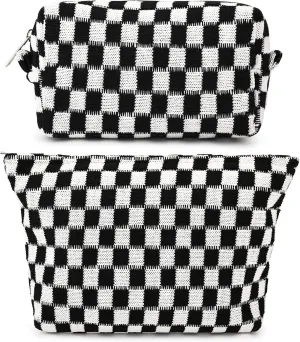 2 Pieces Black Makeup Bag Large Checkered Cosmetic Bag Capacity Canvas Mix Travel Toiletry Bag Organizer Cute Makeup Brushes Aesthetic Accessories Storage Bag for Women, Checkered Mix Black