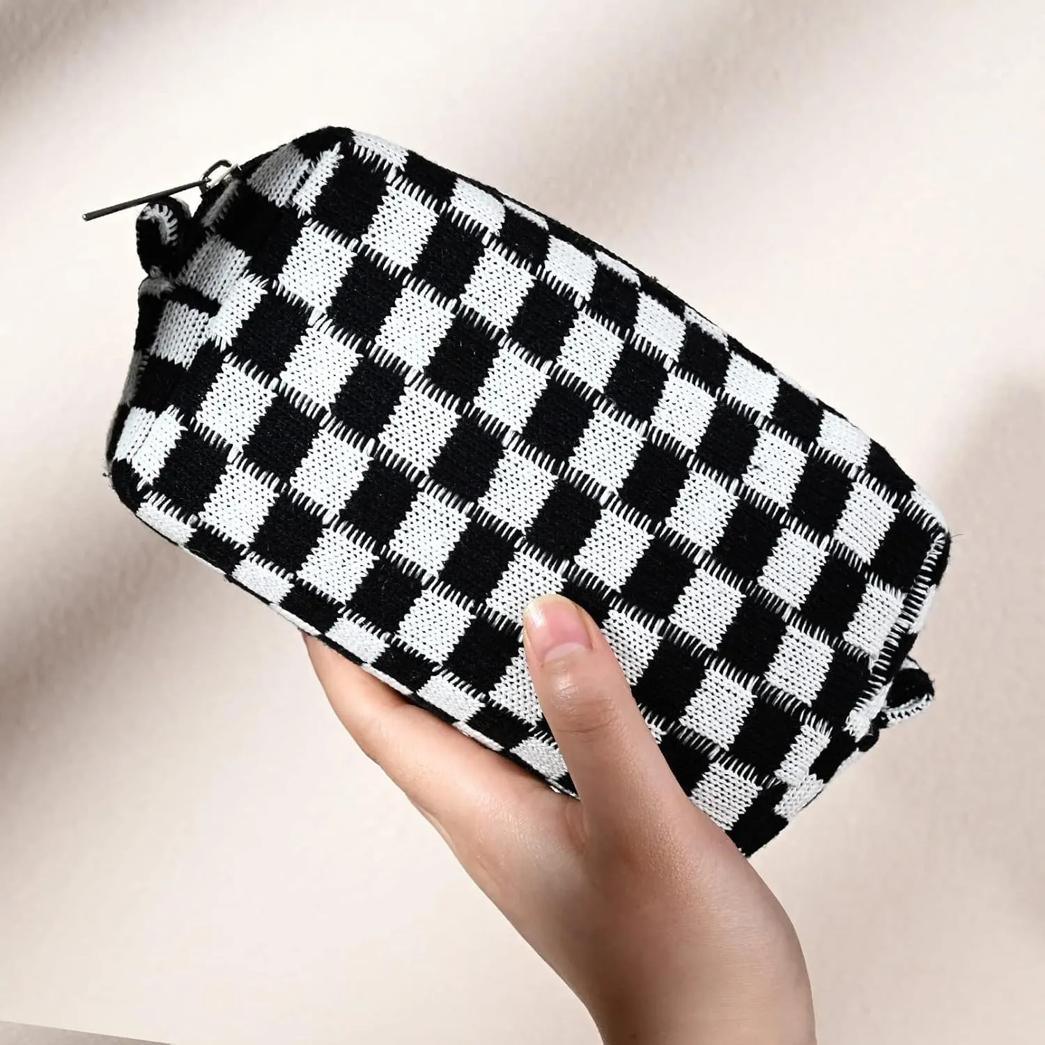 2 Pieces Black Makeup Bag Large Checkered Cosmetic Bag Capacity Canvas Mix Travel Toiletry Bag Organizer Cute Makeup Brushes Aesthetic Accessories Storage Bag for Women, Checkered Mix Black