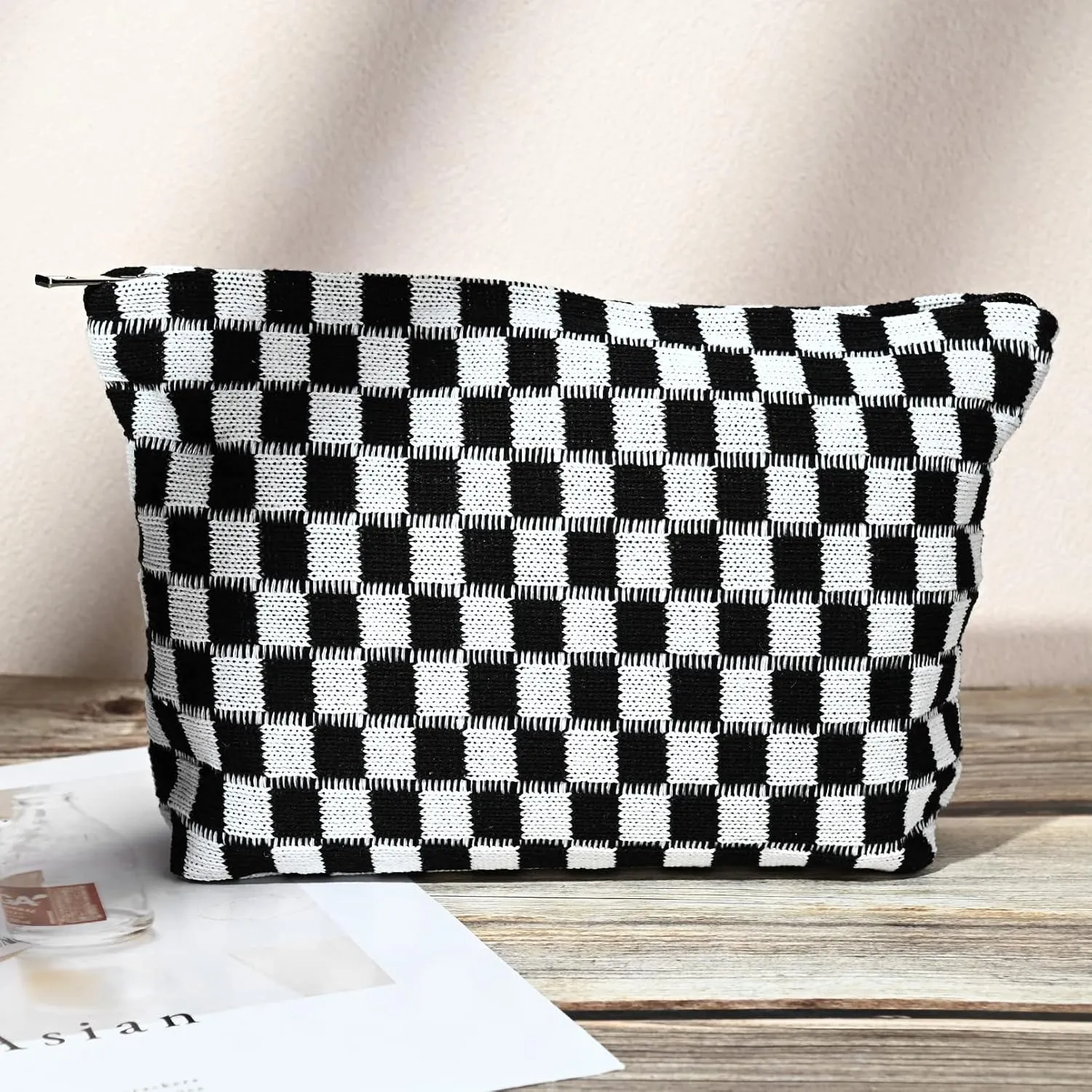 2 Pieces Black Makeup Bag Large Checkered Cosmetic Bag Capacity Canvas Mix Travel Toiletry Bag Organizer Cute Makeup Brushes Aesthetic Accessories Storage Bag for Women, Checkered Mix Black