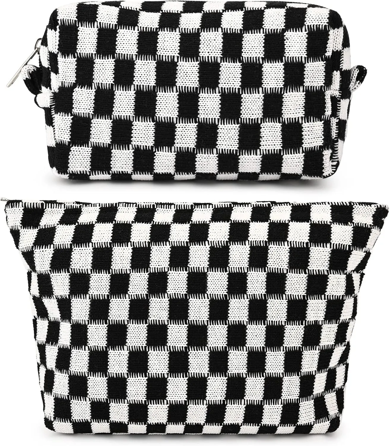 2 Pieces Black Makeup Bag Large Checkered Cosmetic Bag Capacity Canvas Mix Travel Toiletry Bag Organizer Cute Makeup Brushes Aesthetic Accessories Storage Bag for Women, Checkered Mix Black