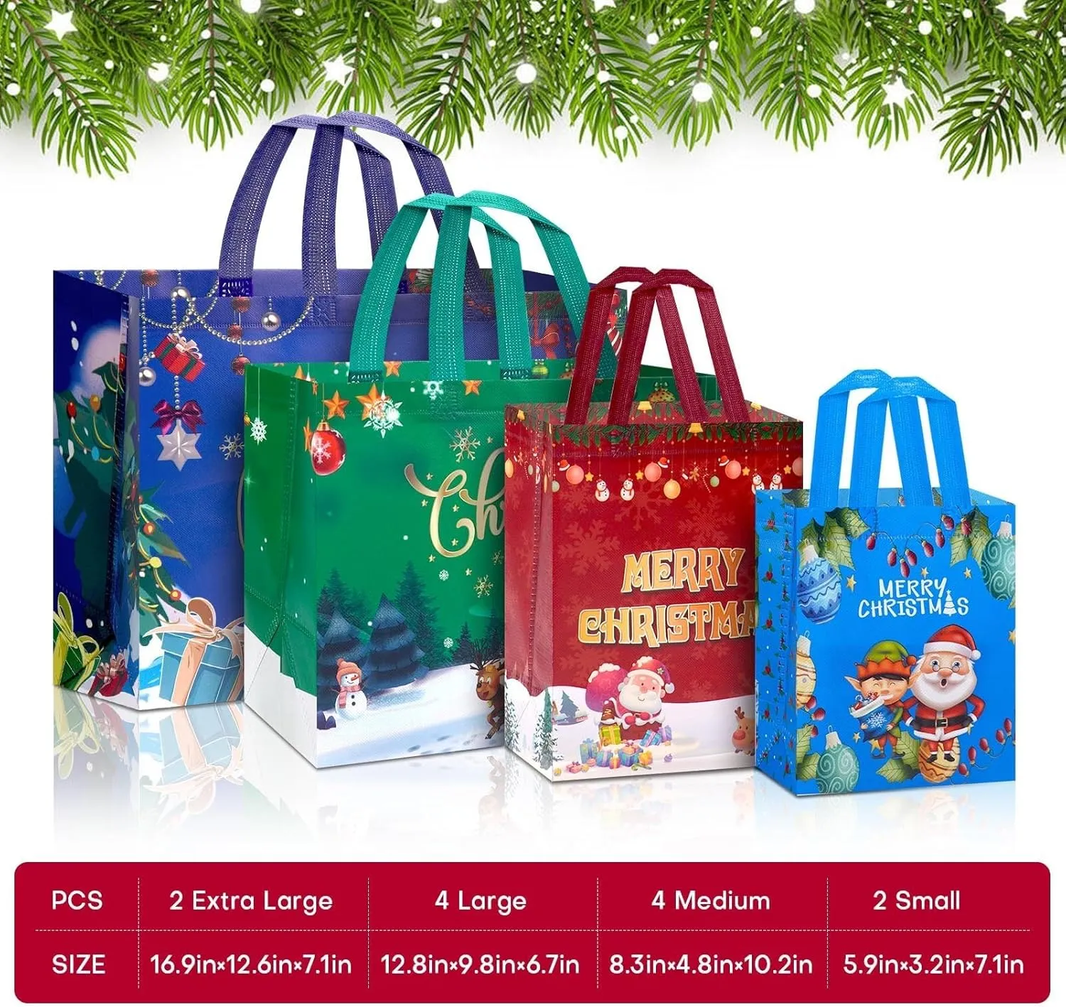 24 Pack Christmas Gift Bags Assorted Sizes, Reusable Tote Bags Includes 4 Extra Large 17",8 Large 13",8 Medium 10",4 Small 8" Non-Woven Christmas Bags for Xmas Party Supplies