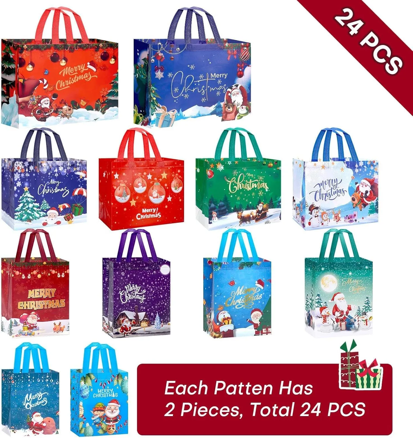 24 Pack Christmas Gift Bags Assorted Sizes, Reusable Tote Bags Includes 4 Extra Large 17",8 Large 13",8 Medium 10",4 Small 8" Non-Woven Christmas Bags for Xmas Party Supplies
