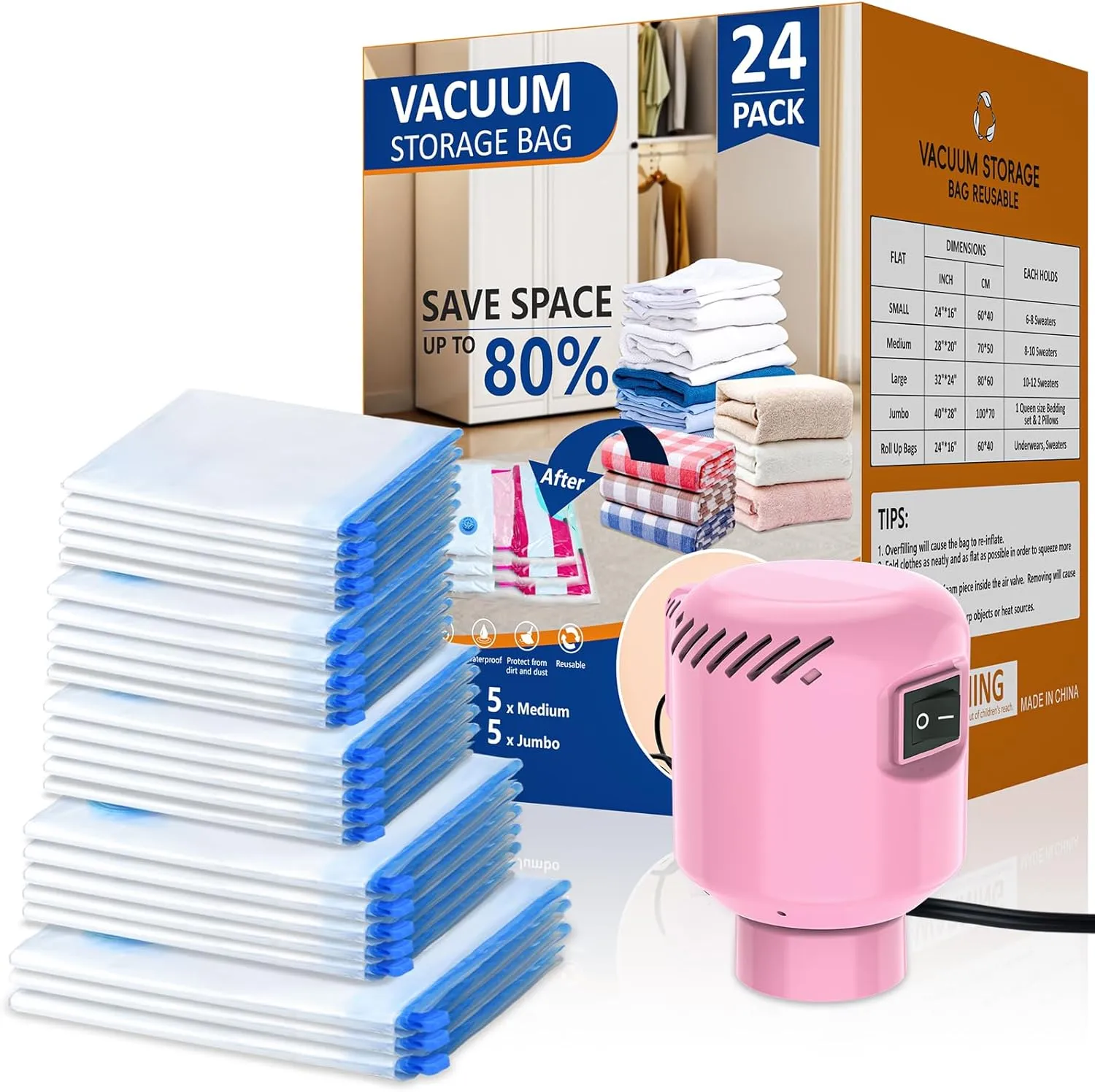 24 Pack Vacuum Storage Bags with Electric Pump, Space Saver Bags (5 Jumbo, 5 Large, 5 Medium, 5 Small, 4 Roll Up Bags) Travel Vacuum Seal Bags for Clothes, Bedding,Blankets,Duvets, Pillows