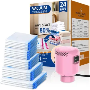 24 Pack Vacuum Storage Bags with Electric Pump, Space Saver Bags (5 Jumbo, 5 Large, 5 Medium, 5 Small, 4 Roll Up Bags) Travel Vacuum Seal Bags for Clothes, Bedding,Blankets,Duvets, Pillows