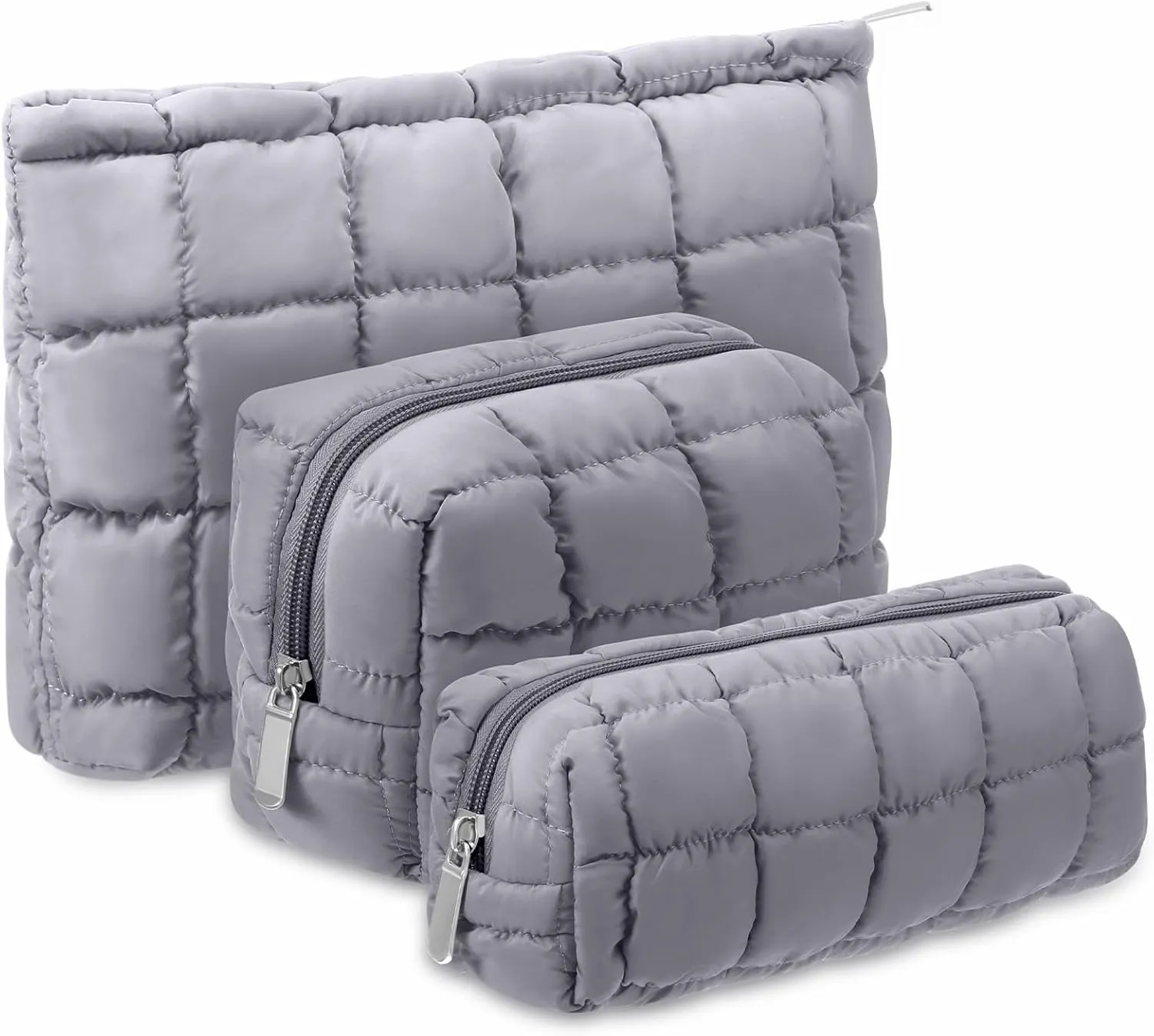 3 Pcs Puffy Makeup Bag Quilted Cosmetic Pouch for Women Cute Checkered Travel Toiletry Bag Puffer Makeup Organizer Purse Pouch Preppy Pencil Case with Zipper