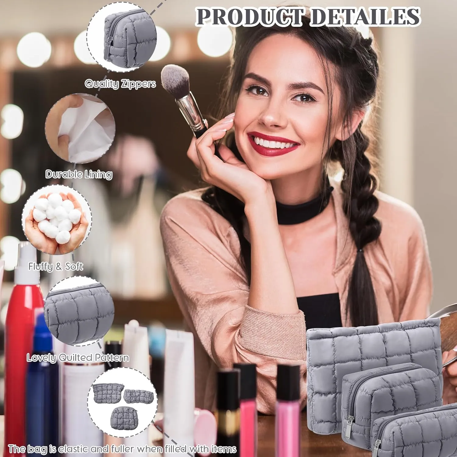 3 Pcs Puffy Makeup Bag Quilted Cosmetic Pouch for Women Cute Checkered Travel Toiletry Bag Puffer Makeup Organizer Purse Pouch Preppy Pencil Case with Zipper