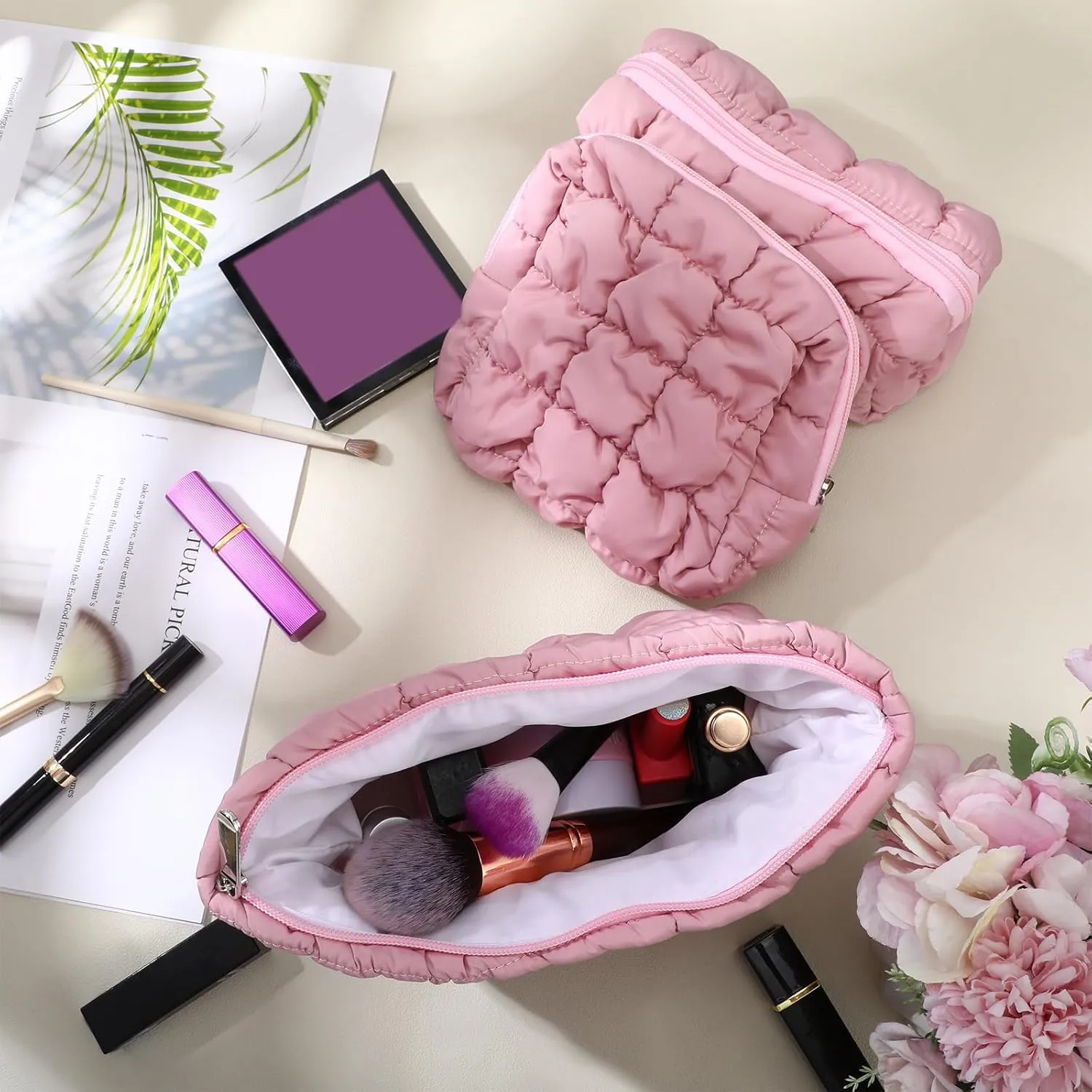 3 Pcs Puffy Makeup Bag Quilted Cosmetic Pouch for Women Cute Checkered Travel Toiletry Bag Puffer Makeup Organizer Purse Pouch Preppy Pencil Case with Zipper