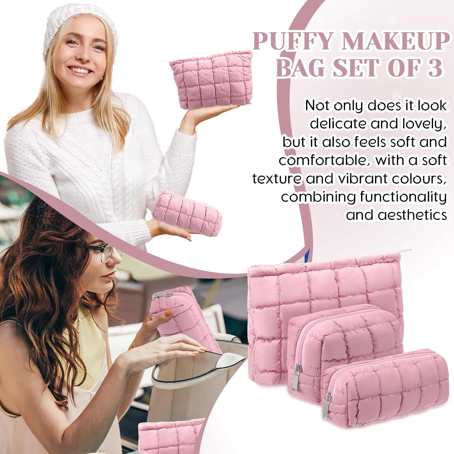 3 Pcs Puffy Makeup Bag Quilted Cosmetic Pouch for Women Cute Checkered Travel Toiletry Bag Puffer Makeup Organizer Purse Pouch Preppy Pencil Case with Zipper