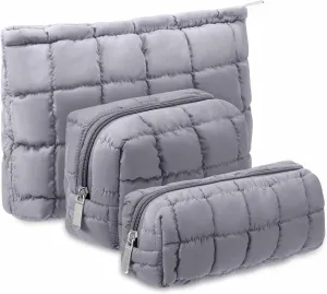 3 Pcs Puffy Makeup Bag Quilted Cosmetic Pouch for Women Cute Checkered Travel Toiletry Bag Puffer Makeup Organizer Purse Pouch Preppy Pencil Case with Zipper