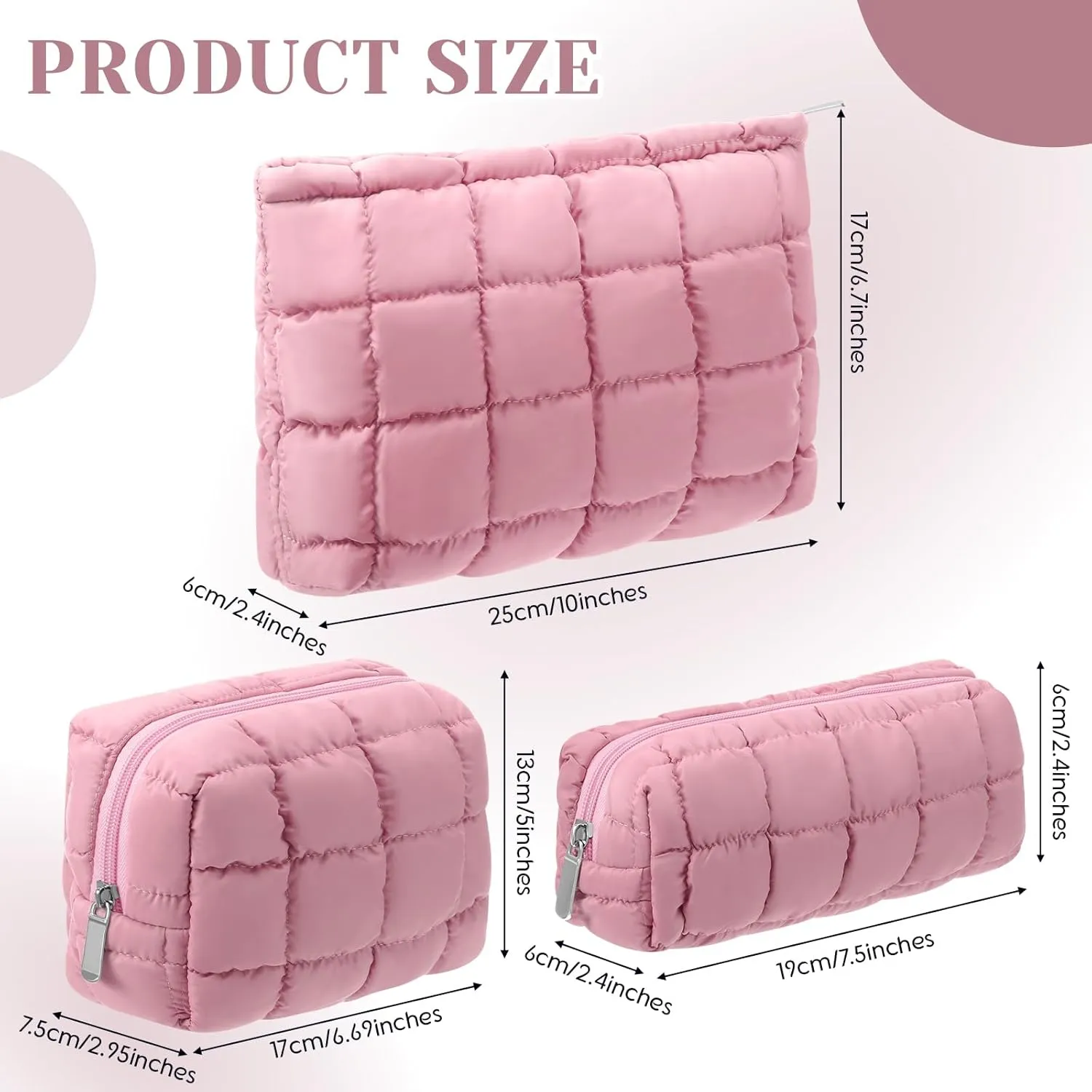 3 Pcs Puffy Makeup Bag Quilted Cosmetic Pouch for Women Cute Checkered Travel Toiletry Bag Puffer Makeup Organizer Purse Pouch Preppy Pencil Case with Zipper