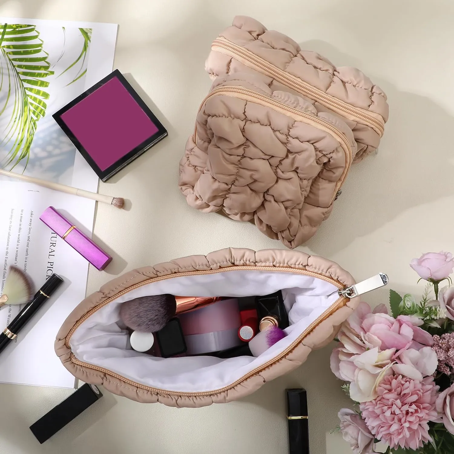 3 Pcs Puffy Makeup Bag Quilted Cosmetic Pouch for Women Cute Checkered Travel Toiletry Bag Puffer Makeup Organizer Purse Pouch Preppy Pencil Case with Zipper