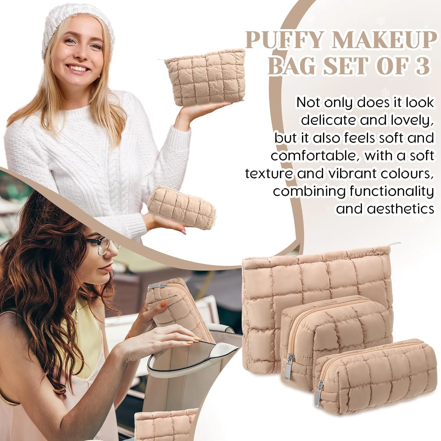 3 Pcs Puffy Makeup Bag Quilted Cosmetic Pouch for Women Cute Checkered Travel Toiletry Bag Puffer Makeup Organizer Purse Pouch Preppy Pencil Case with Zipper