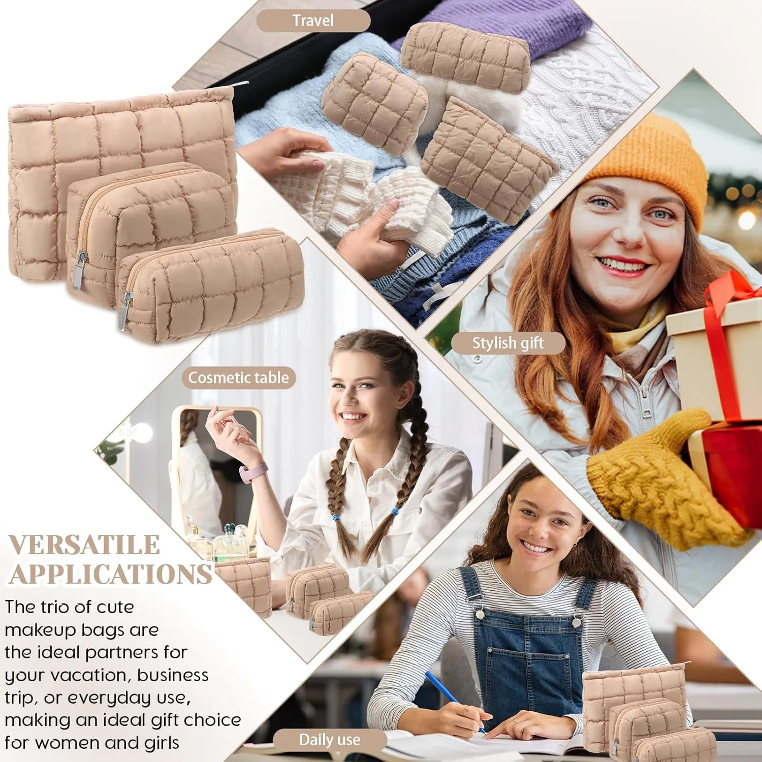 3 Pcs Puffy Makeup Bag Quilted Cosmetic Pouch for Women Cute Checkered Travel Toiletry Bag Puffer Makeup Organizer Purse Pouch Preppy Pencil Case with Zipper