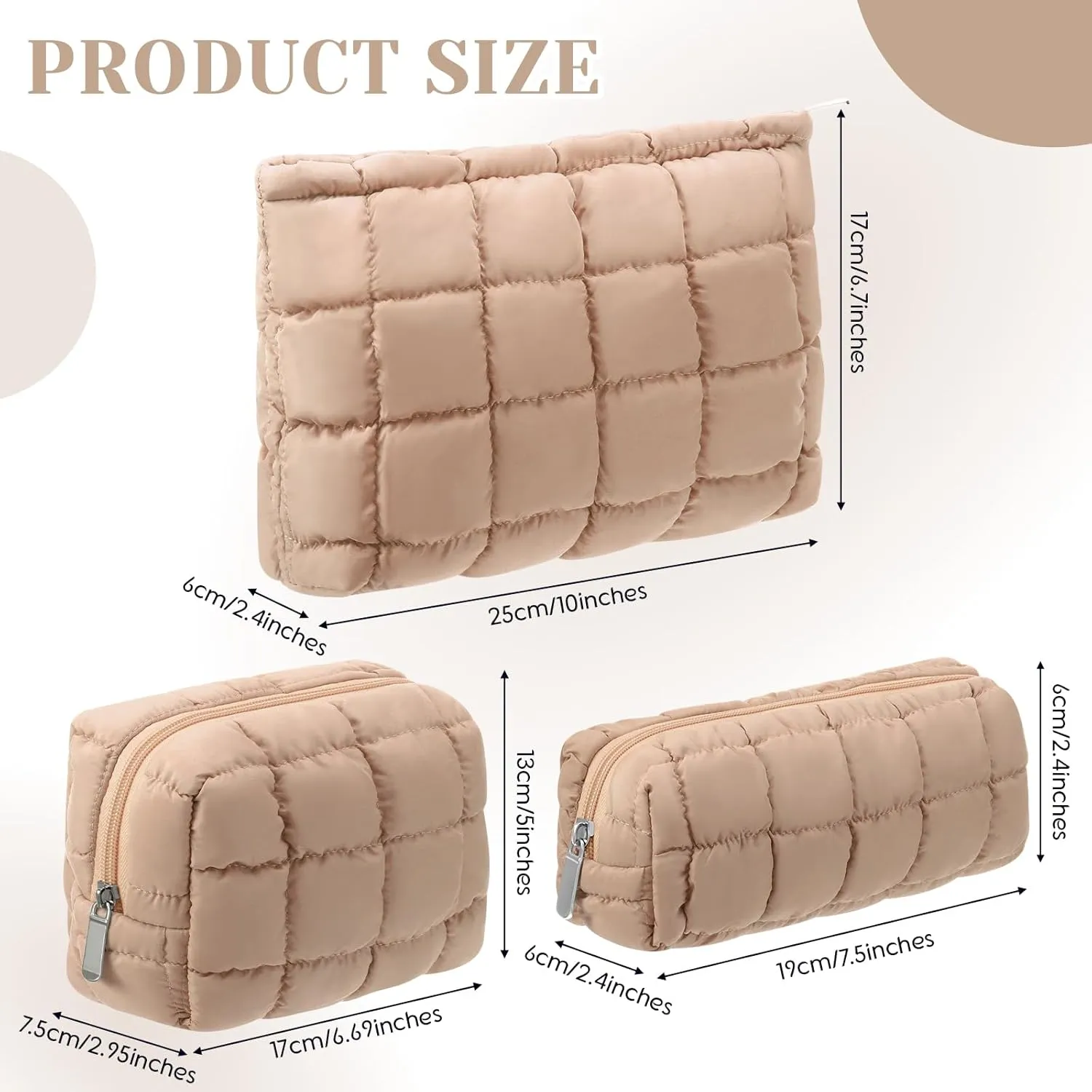 3 Pcs Puffy Makeup Bag Quilted Cosmetic Pouch for Women Cute Checkered Travel Toiletry Bag Puffer Makeup Organizer Purse Pouch Preppy Pencil Case with Zipper