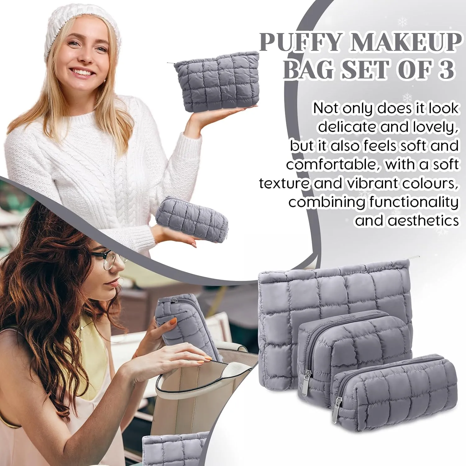 3 Pcs Puffy Makeup Bag Quilted Cosmetic Pouch for Women Cute Checkered Travel Toiletry Bag Puffer Makeup Organizer Purse Pouch Preppy Pencil Case with Zipper