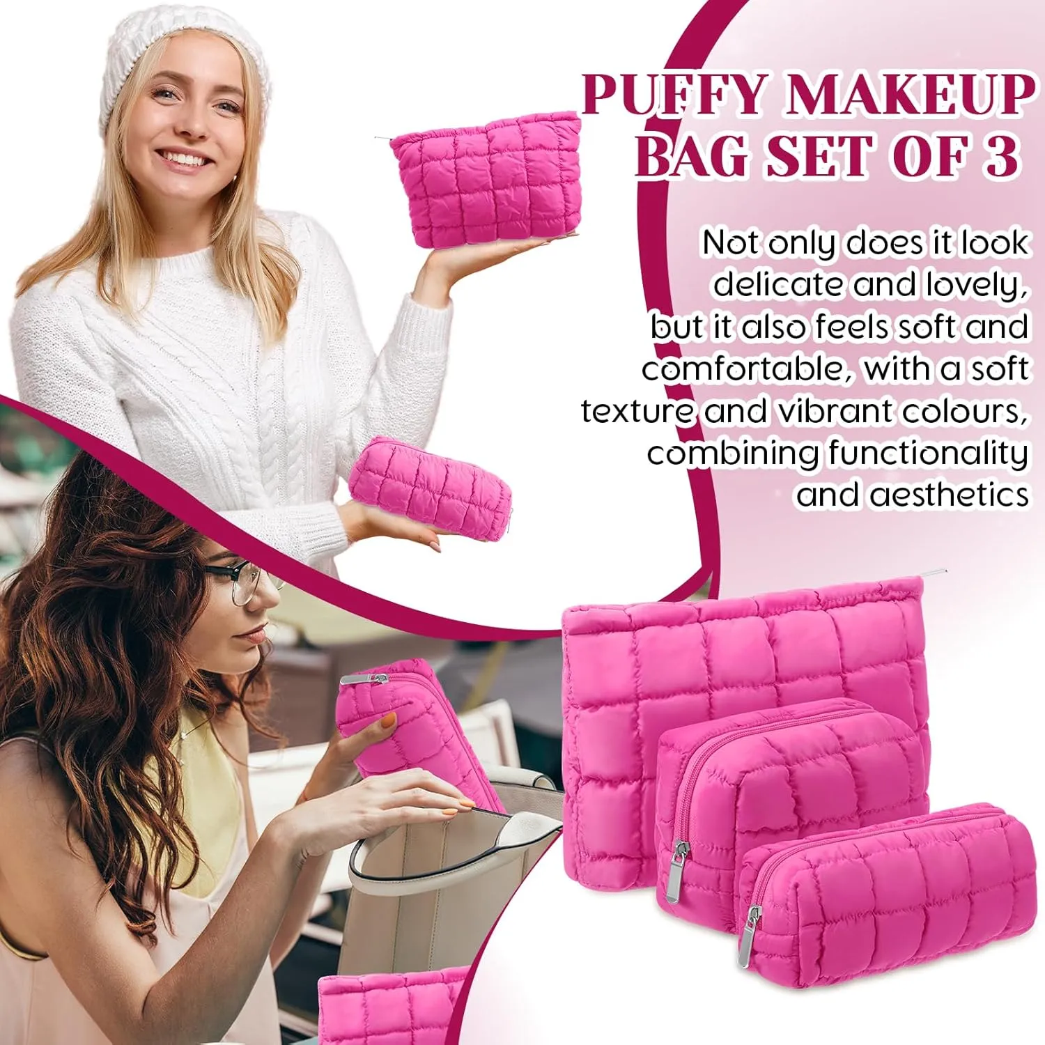 3 Pcs Puffy Makeup Bag Quilted Cosmetic Pouch for Women Cute Checkered Travel Toiletry Bag Puffer Makeup Organizer Purse Pouch Preppy Pencil Case with Zipper(Hot Pink)