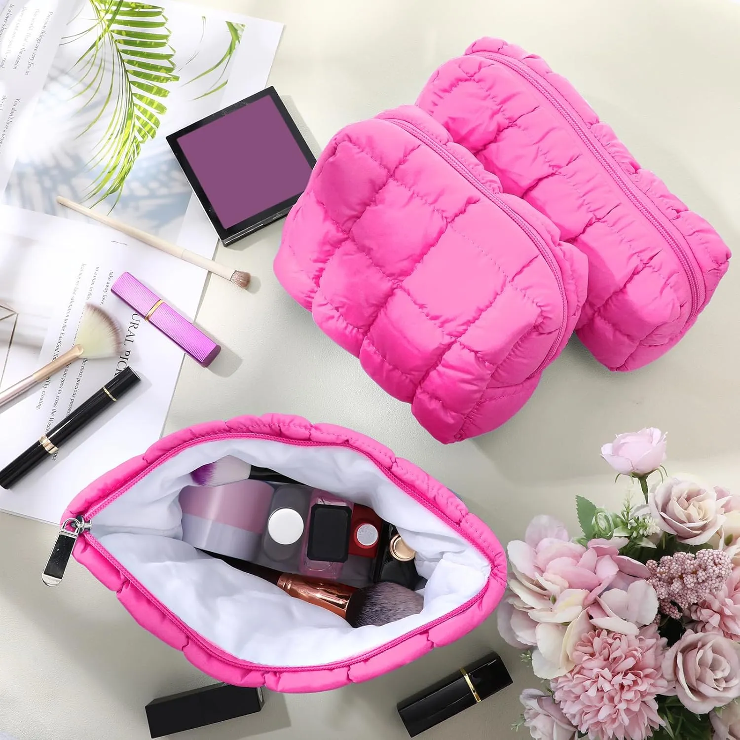 3 Pcs Puffy Makeup Bag Quilted Cosmetic Pouch for Women Cute Checkered Travel Toiletry Bag Puffer Makeup Organizer Purse Pouch Preppy Pencil Case with Zipper(Hot Pink)