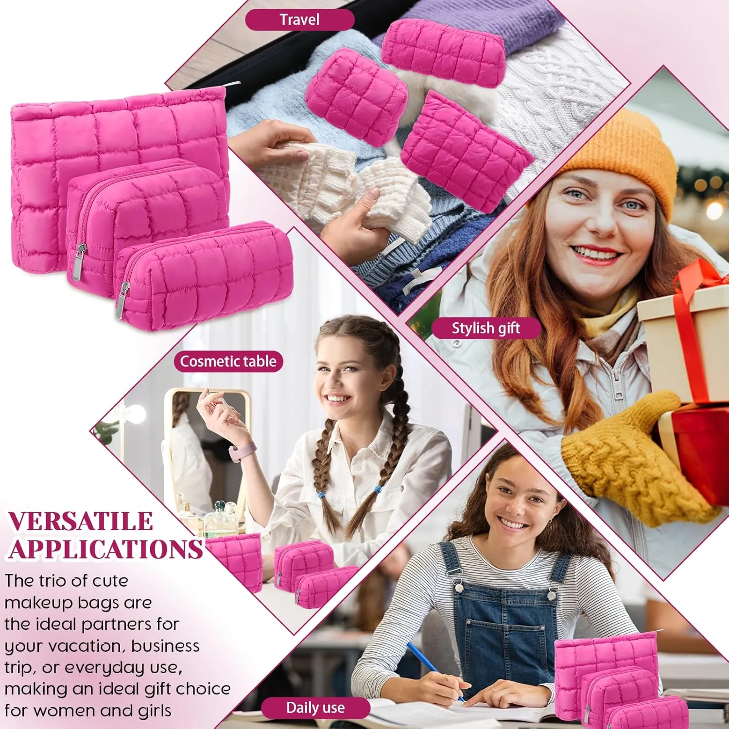 3 Pcs Puffy Makeup Bag Quilted Cosmetic Pouch for Women Cute Checkered Travel Toiletry Bag Puffer Makeup Organizer Purse Pouch Preppy Pencil Case with Zipper(Hot Pink)