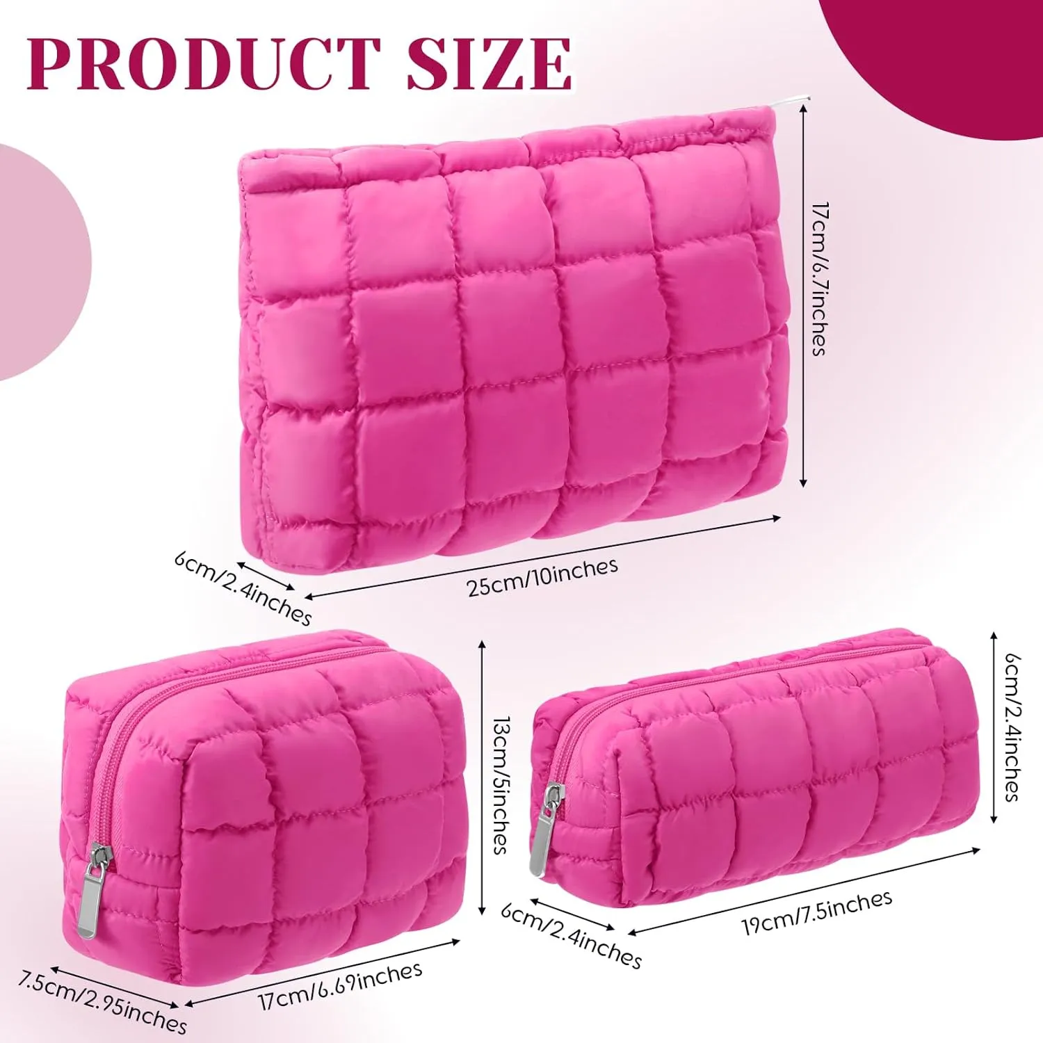 3 Pcs Puffy Makeup Bag Quilted Cosmetic Pouch for Women Cute Checkered Travel Toiletry Bag Puffer Makeup Organizer Purse Pouch Preppy Pencil Case with Zipper(Hot Pink)
