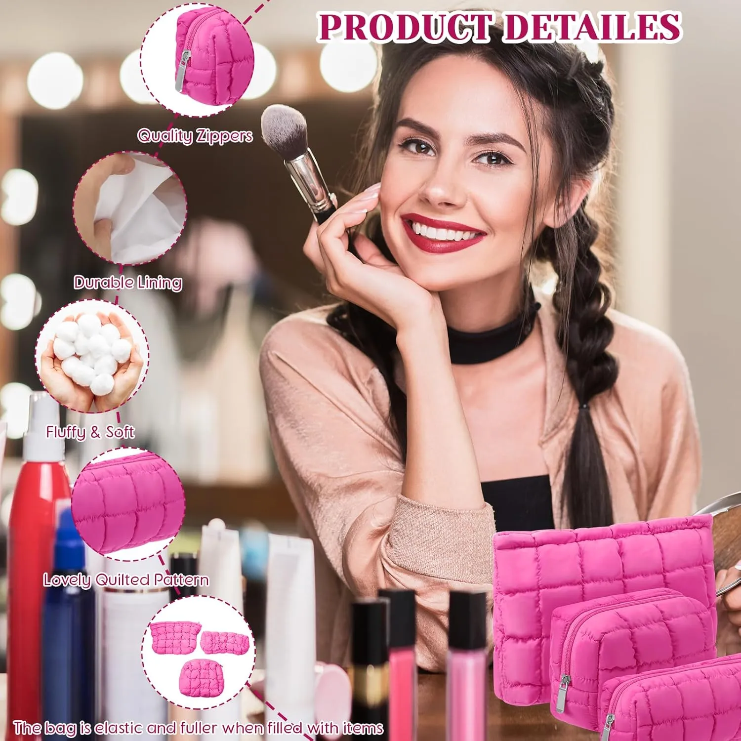 3 Pcs Puffy Makeup Bag Quilted Cosmetic Pouch for Women Cute Checkered Travel Toiletry Bag Puffer Makeup Organizer Purse Pouch Preppy Pencil Case with Zipper(Hot Pink)