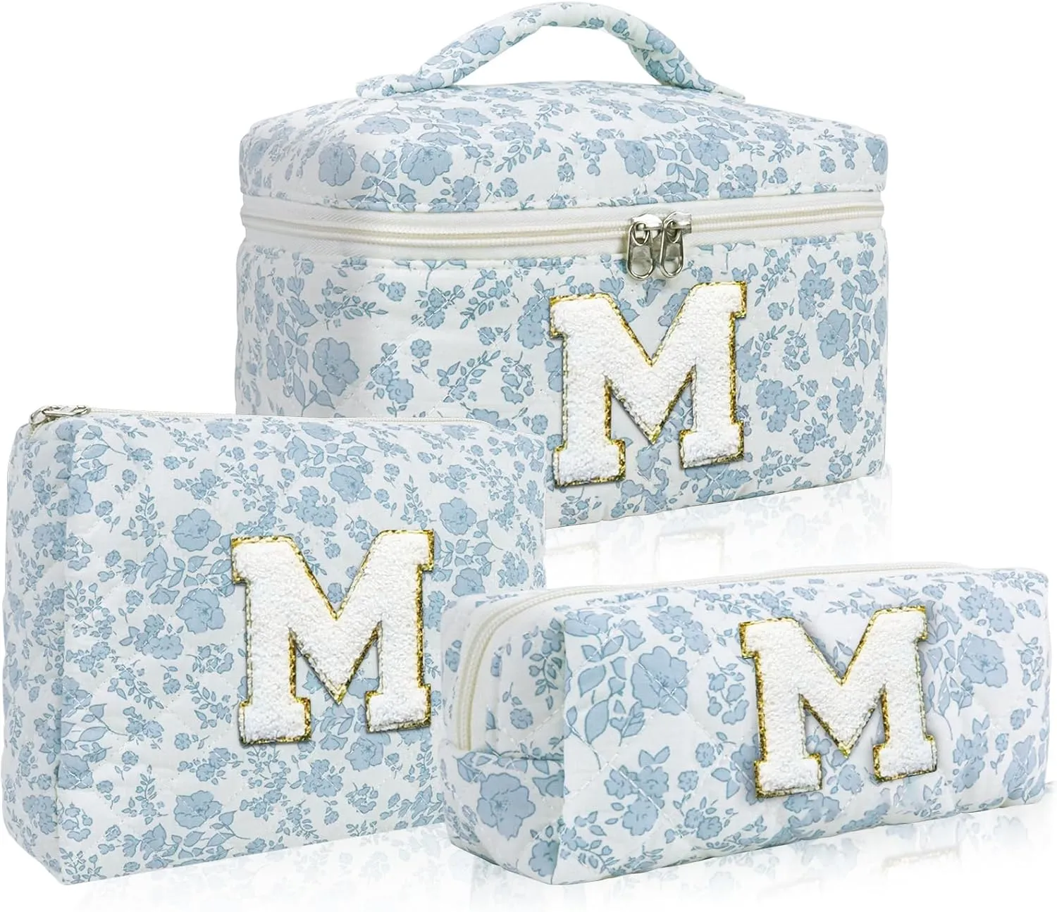 3 Pcs Travel Initial Quilted Makeup Bag set, Toiletry Personalized Floral Makeup Bag Birthday Gifts for teens girls and women, Cosmetic bags makeup organizer bag set-M