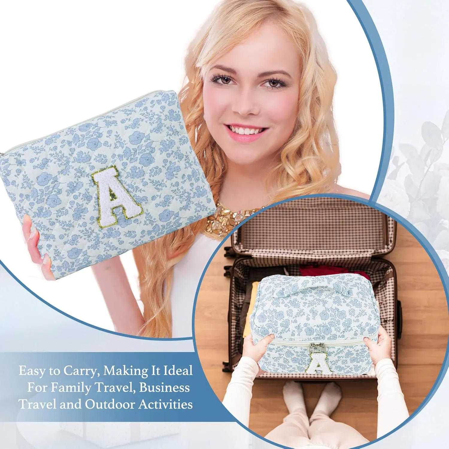 3 Pcs Travel Initial Quilted Makeup Bag set, Toiletry Personalized Floral Makeup Bag Birthday Gifts for teens girls and women, Cosmetic bags makeup organizer bag set-M