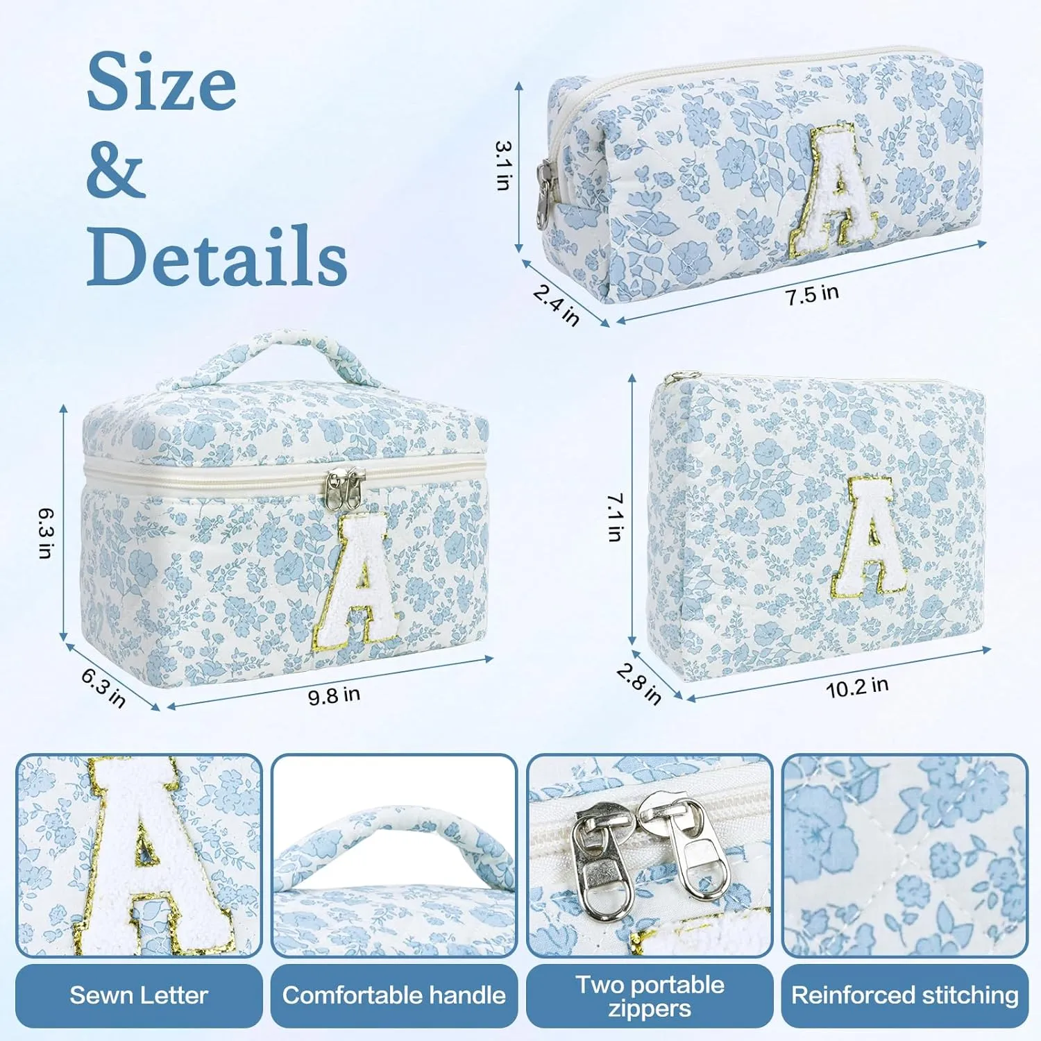 3 Pcs Travel Initial Quilted Makeup Bag set, Toiletry Personalized Floral Makeup Bag Birthday Gifts for teens girls and women, Cosmetic bags makeup organizer bag set-M