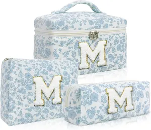 3 Pcs Travel Initial Quilted Makeup Bag set, Toiletry Personalized Floral Makeup Bag Birthday Gifts for teens girls and women, Cosmetic bags makeup organizer bag set-M