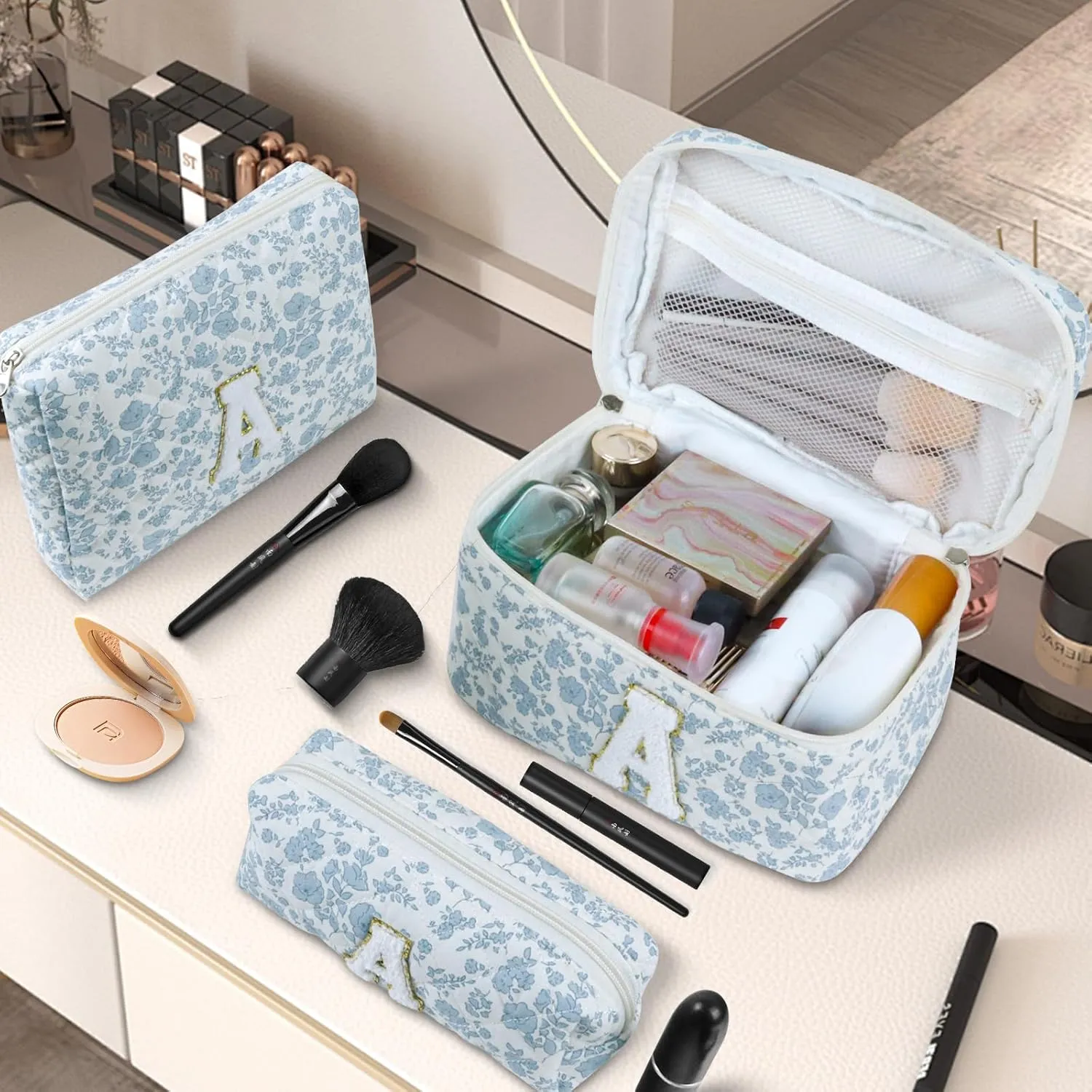 3 Pcs Travel Initial Quilted Makeup Bag set, Toiletry Personalized Floral Makeup Bag Birthday Gifts for teens girls and women, Cosmetic bags makeup organizer bag set-M