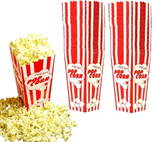 30 Movie Night Popcorn Paper Boxes Buckets 7.75 Inches Tall Large Box & Holds 46 Oz Old Fashion Vintage Retro Party Design Red & White Colored Nostalgic Carnival Stripes Bags & Tubs various qty avail
