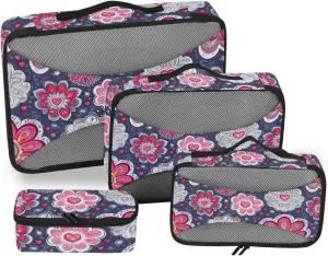 4 Pcs set organizers and storage Mesh Travel Essentials Grayish-pink Colored Flowers portable packing bags