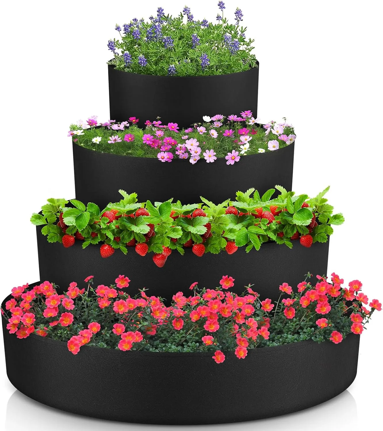 4 Pcs Tiered Strawberry Planter Fabric Raised Garden Planting Beds Heavy Duty Plant Grow Bags Breathable Non Woven Container for Vegetables Flower Herbs Gardening Outdoor (Black)