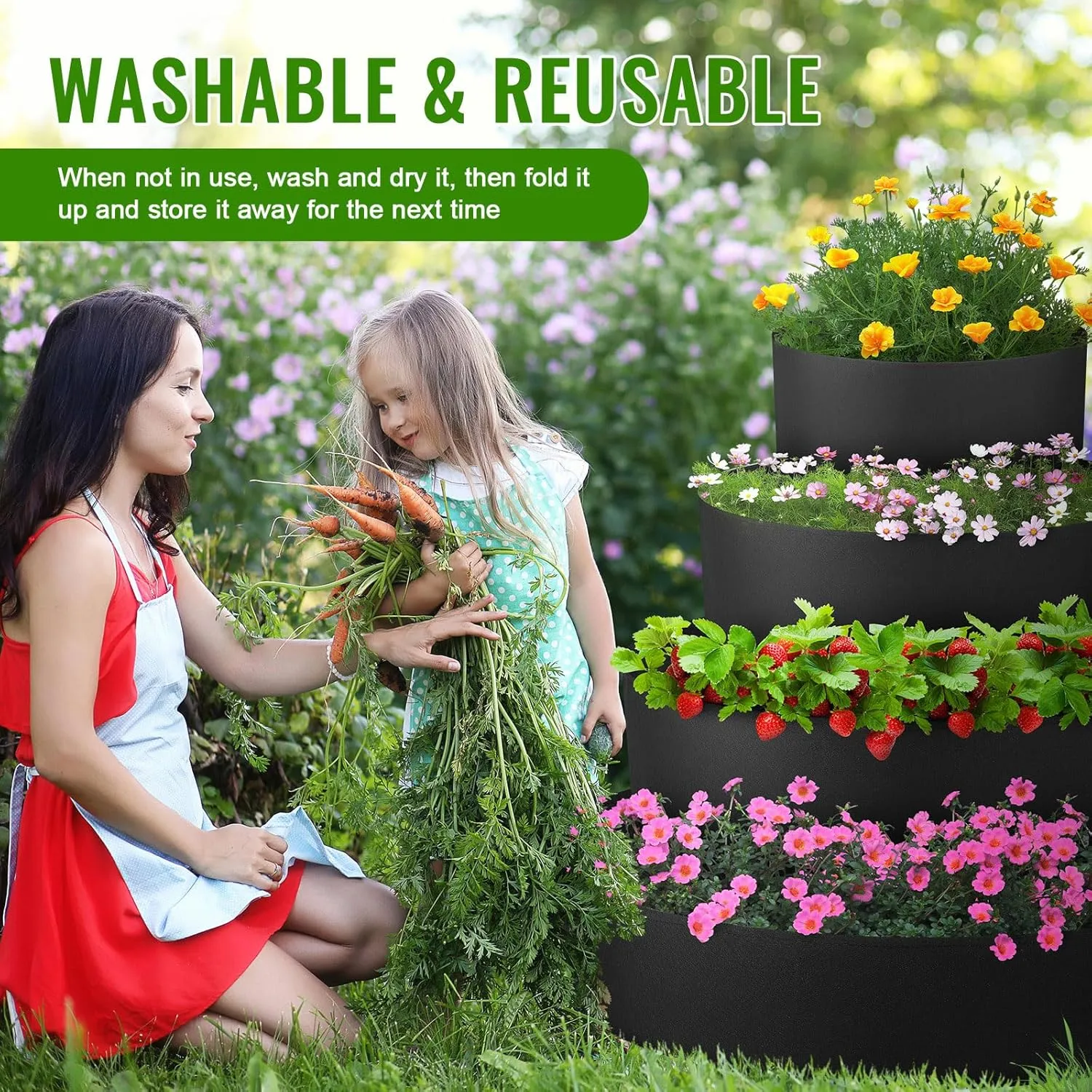 4 Pcs Tiered Strawberry Planter Fabric Raised Garden Planting Beds Heavy Duty Plant Grow Bags Breathable Non Woven Container for Vegetables Flower Herbs Gardening Outdoor (Black)