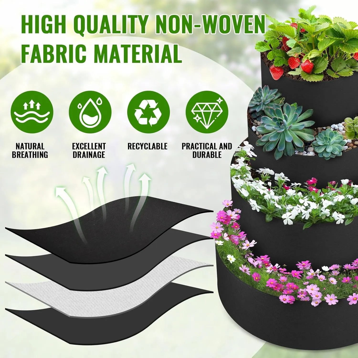 4 Pcs Tiered Strawberry Planter Fabric Raised Garden Planting Beds Heavy Duty Plant Grow Bags Breathable Non Woven Container for Vegetables Flower Herbs Gardening Outdoor (Black)