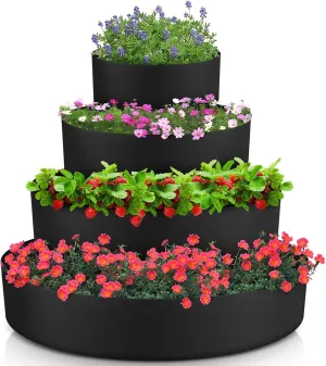 4 Pcs Tiered Strawberry Planter Fabric Raised Garden Planting Beds Heavy Duty Plant Grow Bags Breathable Non Woven Container for Vegetables Flower Herbs Gardening Outdoor (Black)
