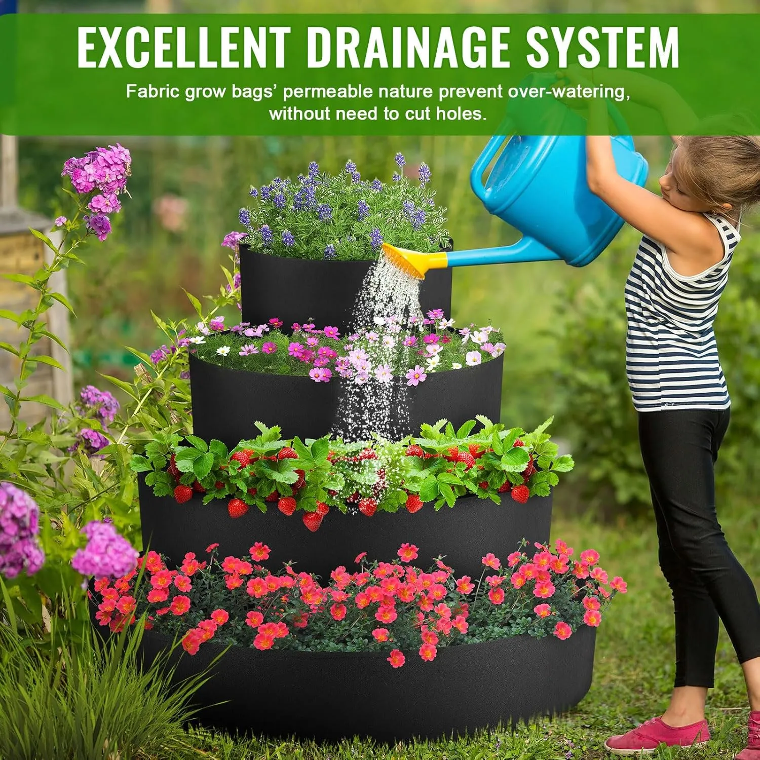 4 Pcs Tiered Strawberry Planter Fabric Raised Garden Planting Beds Heavy Duty Plant Grow Bags Breathable Non Woven Container for Vegetables Flower Herbs Gardening Outdoor (Black)