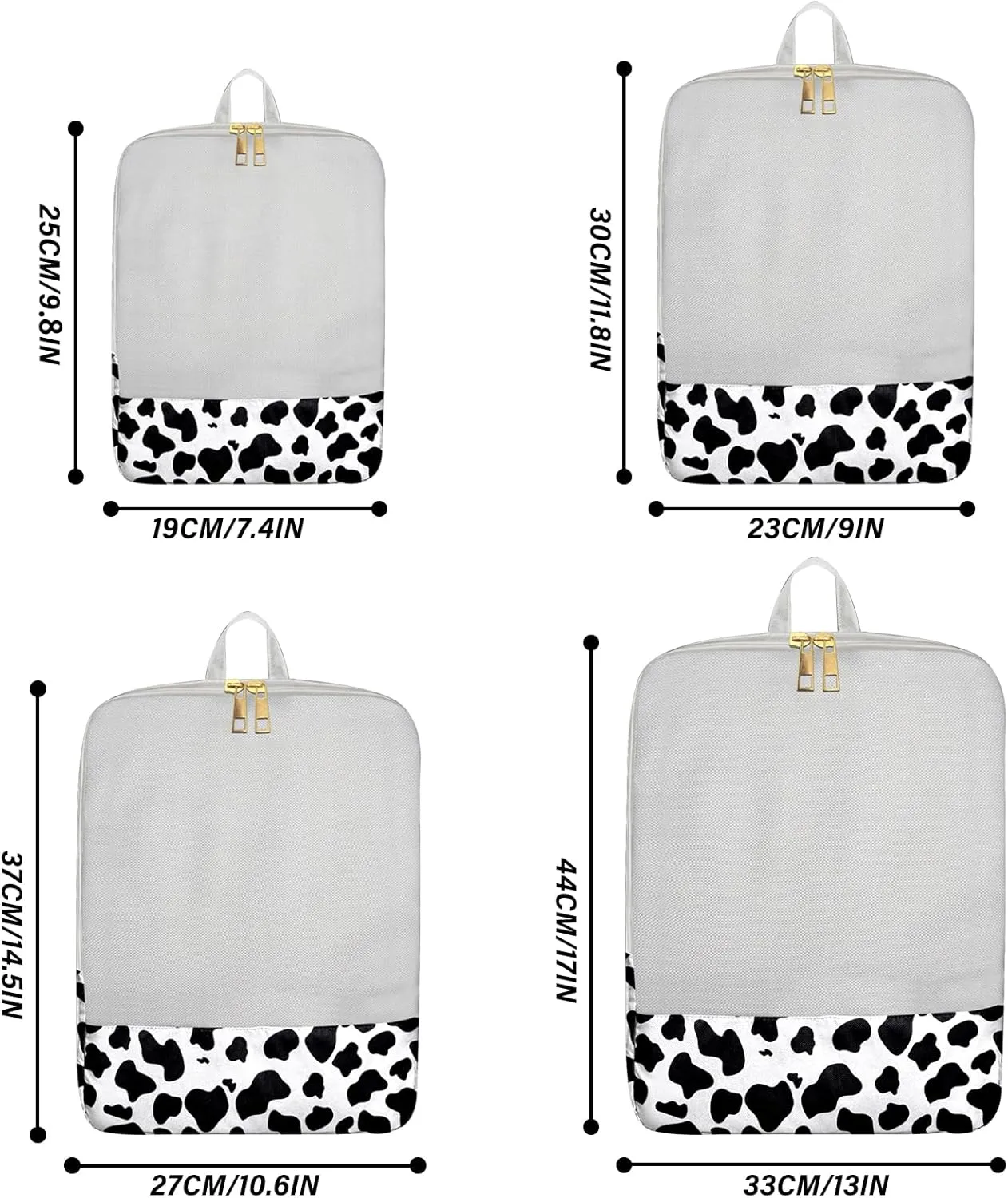 4 Set Packing Cubes Travel Luggage Organizers Compression cubes for Suitcase Travel Accessories for Women Girls Aesthetic Cute-Black White Cow Pattern
