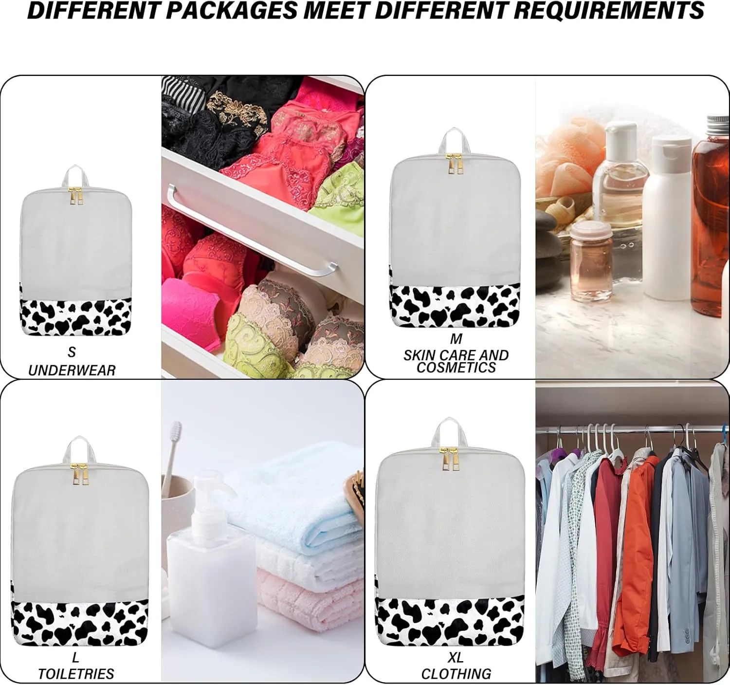 4 Set Packing Cubes Travel Luggage Organizers Compression cubes for Suitcase Travel Accessories for Women Girls Aesthetic Cute-Black White Cow Pattern
