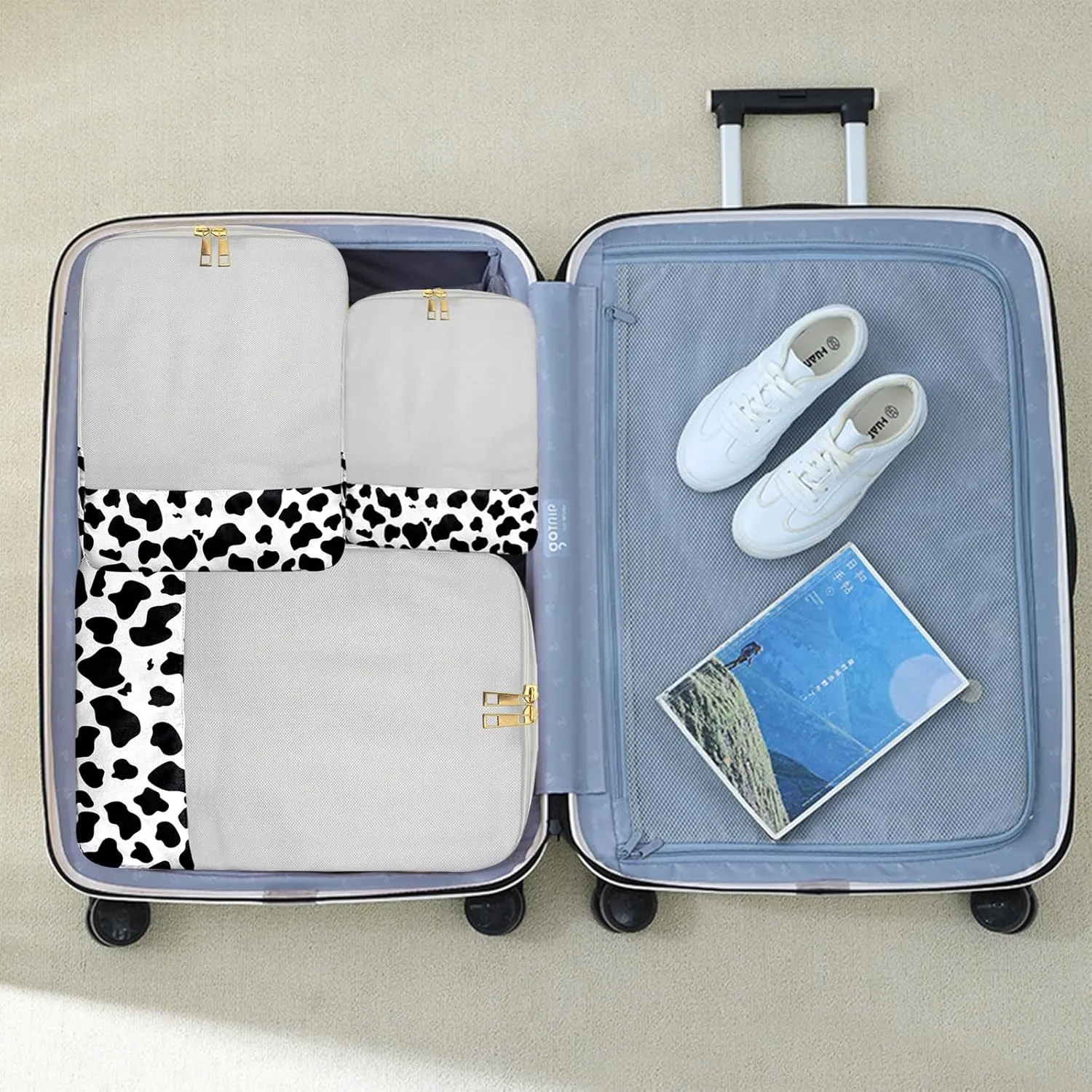 4 Set Packing Cubes Travel Luggage Organizers Compression cubes for Suitcase Travel Accessories for Women Girls Aesthetic Cute-Black White Cow Pattern