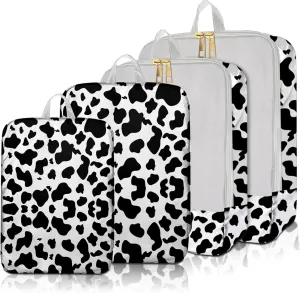 4 Set Packing Cubes Travel Luggage Organizers Compression cubes for Suitcase Travel Accessories for Women Girls Aesthetic Cute-Black White Cow Pattern